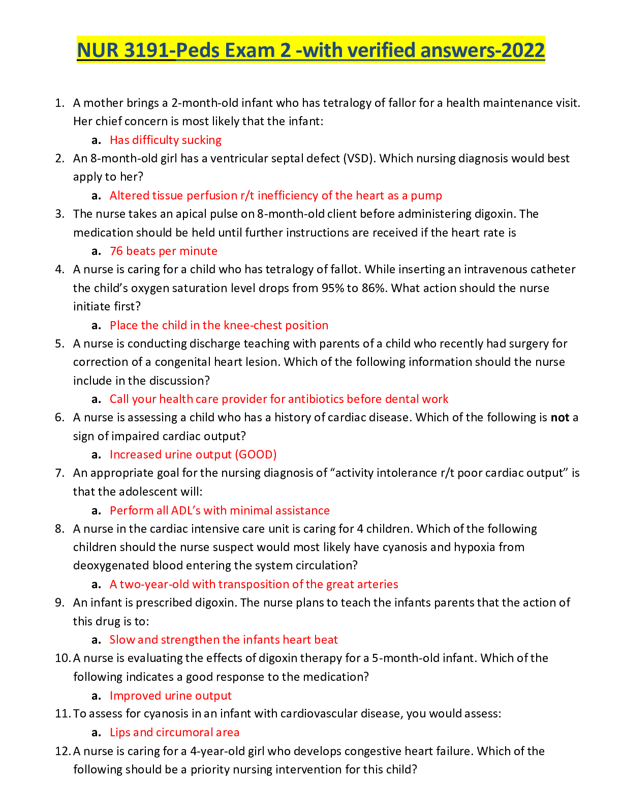 Preview of NUR 3191-Peds Exam 2 -with verified answers-2022